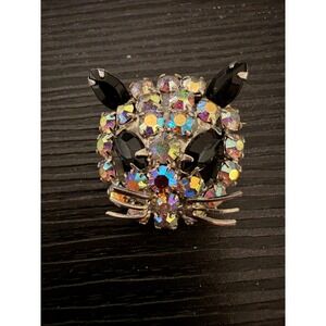 Vintage 1960s Rhinestone Cat Face Rhodium Plated Sparkling Crystal Brooch